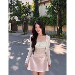 Set Áo Hai Dây “Ren Hoa” Xuyên Thấu Kèm Khoác Cardigan Phối Chân Váy Lụa Ngắn 7