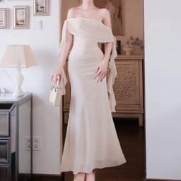 Đầm Dài Dự Tiệc Trễ Vai Nhún Tua Bèo Vai Dáng Ôm Body Thanh Lịch Sang Chảnh Nữ 6