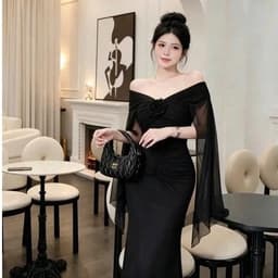 Đầm Dạ Hội Nữ Dài Body Cổ Trễ Nhún Eo Phối Hoa Tay Voan Dáng Dài Sang Chảnh Dự Tiệc 6