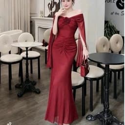 Đầm Dạ Hội Nữ Dài Body Cổ Trễ Nhún Eo Phối Hoa Tay Voan Dáng Dài Sang Chảnh Dự Tiệc 5