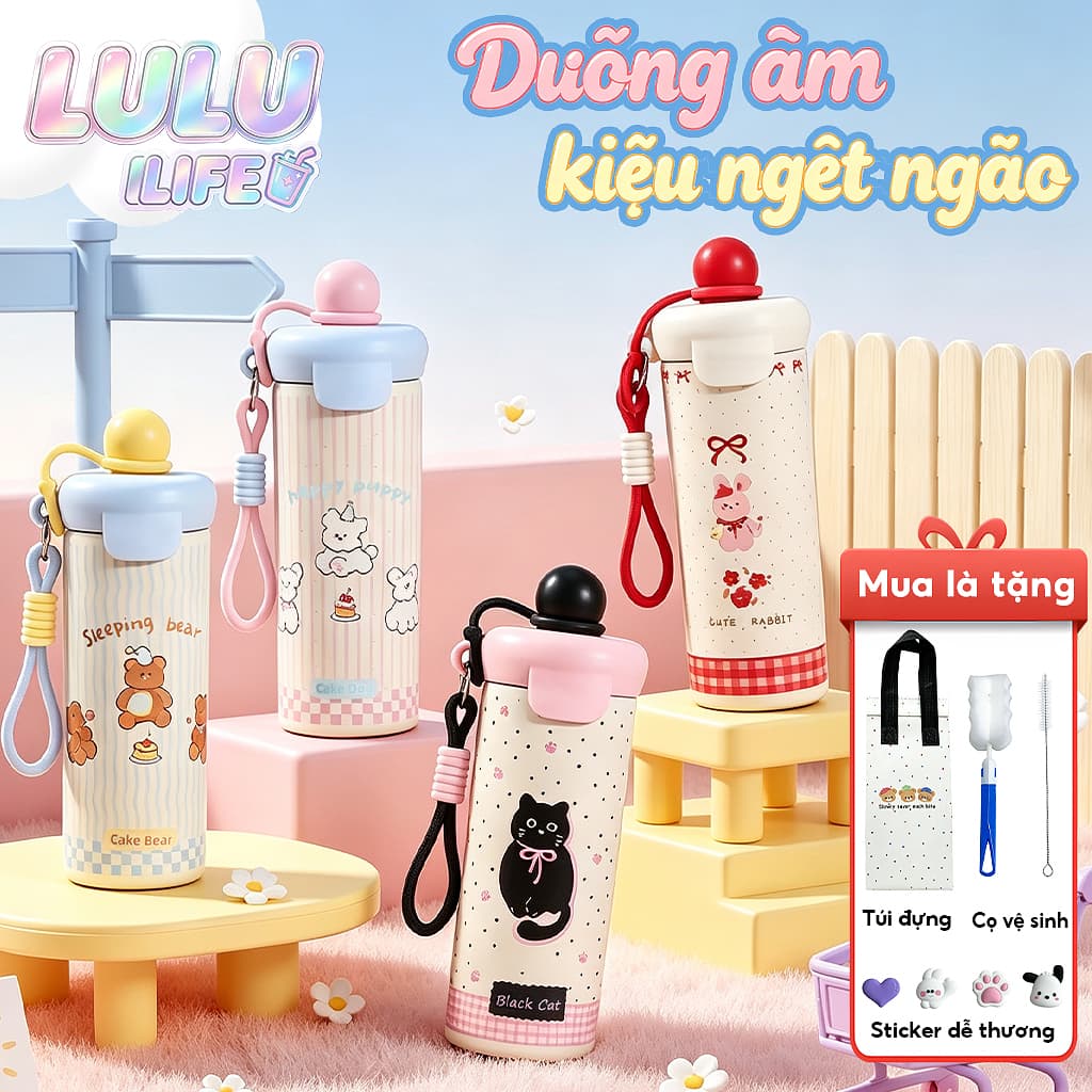 LULU LIFE Bình giữ nhiệt INOX 316 600ml họa tiết dễ thương kèm ống hút, chống tràn giữ nóng lạnh cho học sinh