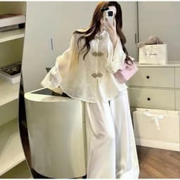 Đồ Lam Đi Chùa Nữ Chất Tơ Thêu Trúc, Áo Hai Lớp Phối Quần Satin Mặc Tết 4