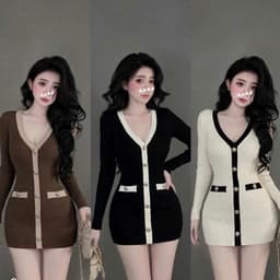 Đầm Tăm Len Gân Ôm Dáng Cổ V Phối Viền Nút Cài Tay Dài Dáng Ngắn Tôn Dáng Thanh Lịch Thu Đông 2