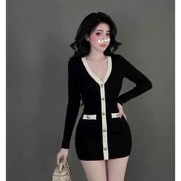 Đầm Tăm Len Gân Ôm Dáng Cổ V Phối Viền Nút Cài Tay Dài Dáng Ngắn Tôn Dáng Thanh Lịch Thu Đông 9