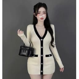 Đầm Tăm Len Gân Ôm Dáng Cổ V Phối Viền Nút Cài Tay Dài Dáng Ngắn Tôn Dáng Thanh Lịch Thu Đông 7