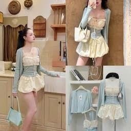 Set Áo Nhún Dây Rút Phối Cardigan + Váy Bí Túi Hộp Y2K Nữ Tính Thu Đông 4