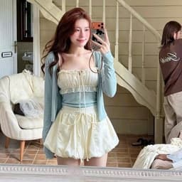 Set Áo Nhún Dây Rút Phối Cardigan + Váy Bí Túi Hộp Y2K Nữ Tính Thu Đông 7