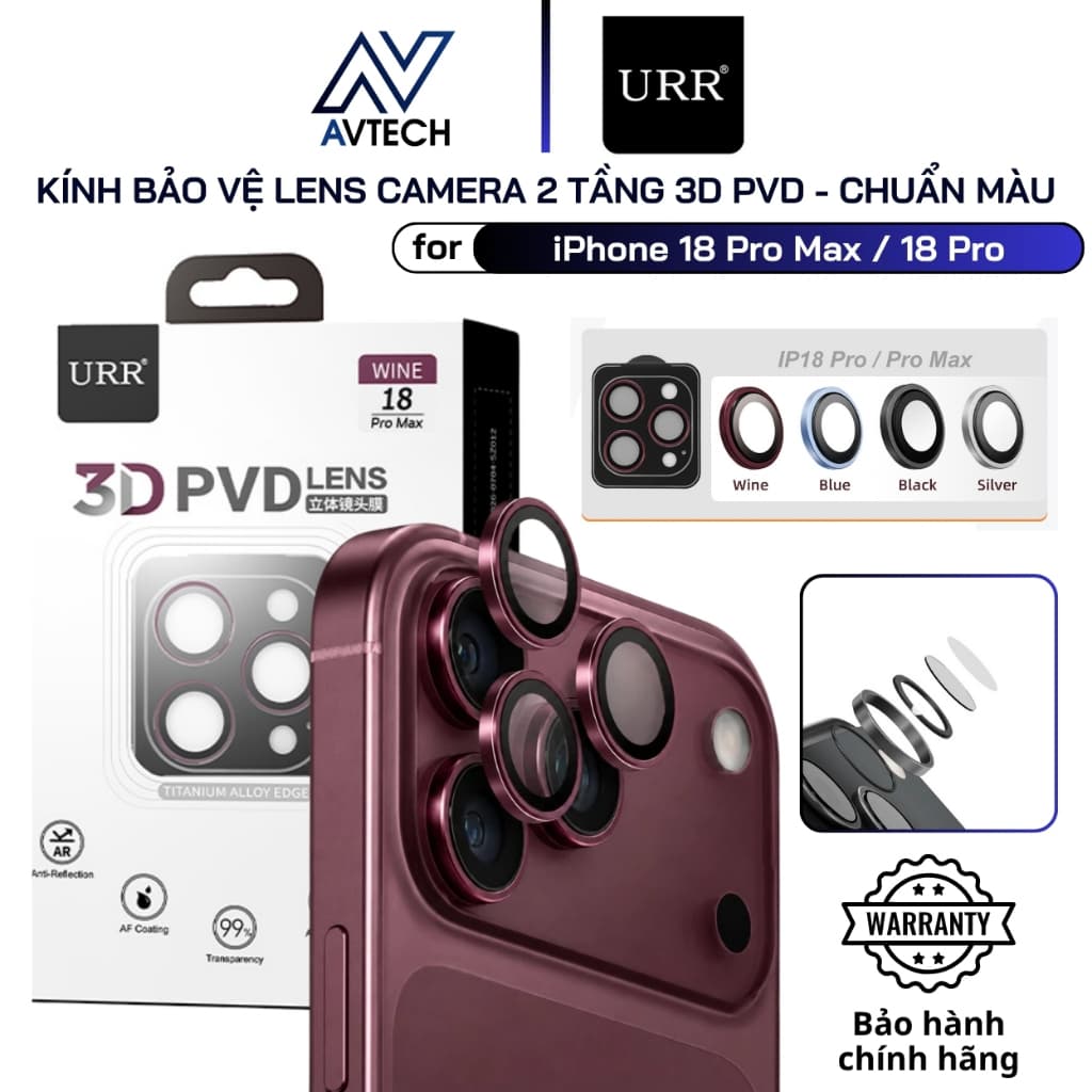 Kính Bảo Vệ Lens Camera URR iPhone 18 Pro Max / 18 Pro, 3D PVD AR 2 Tầng, Chống Phản Quang, Viền PVD Cao Cấp