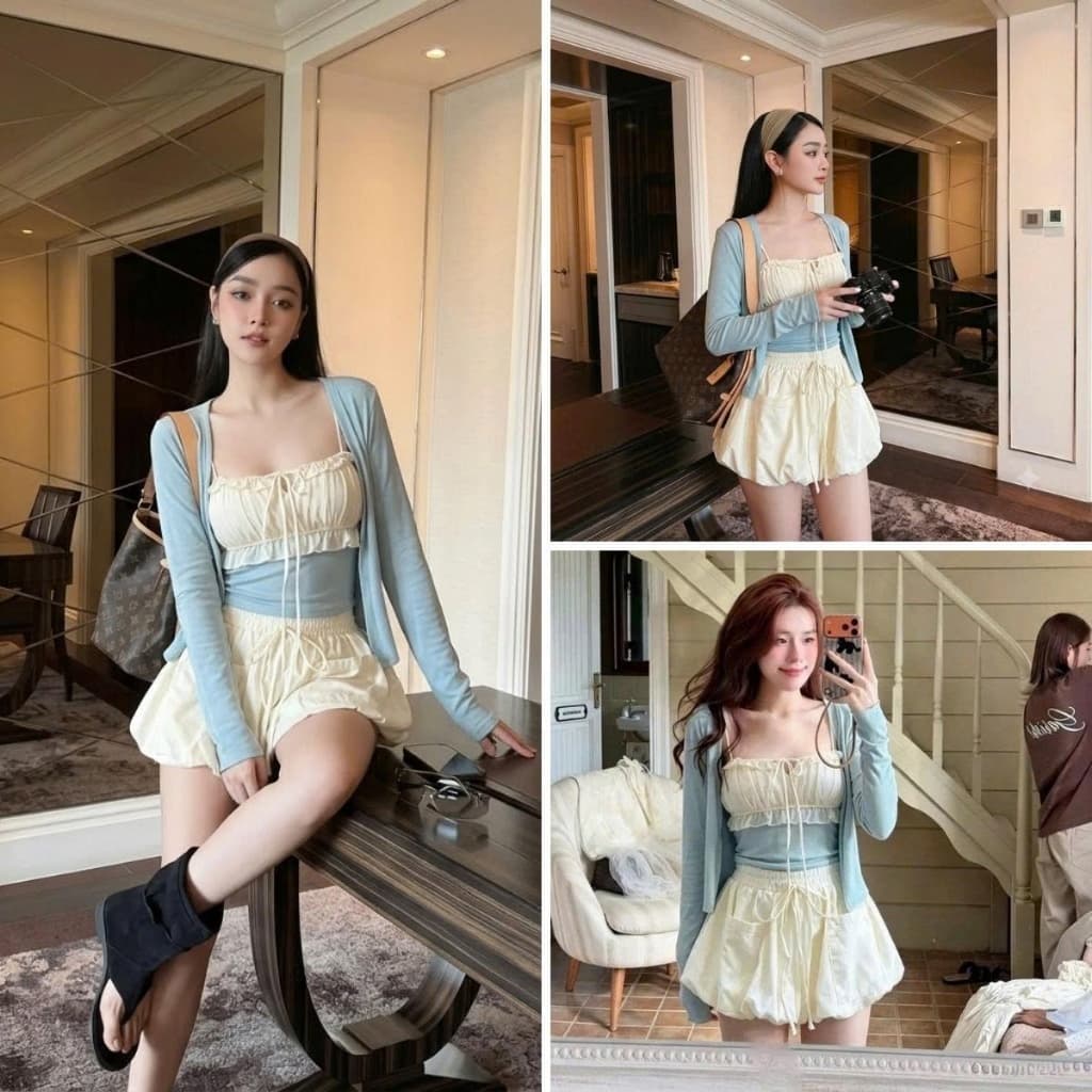 Set Áo Nhún Dây Rút Phối Cardigan + Váy Bí Túi Hộp Y2K Nữ Tính Thu Đông