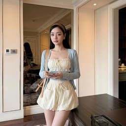 Set Áo Nhún Dây Rút Phối Cardigan + Váy Bí Túi Hộp Y2K Nữ Tính Thu Đông 2