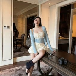 Set Áo Nhún Dây Rút Phối Cardigan + Váy Bí Túi Hộp Y2K Nữ Tính Thu Đông 6