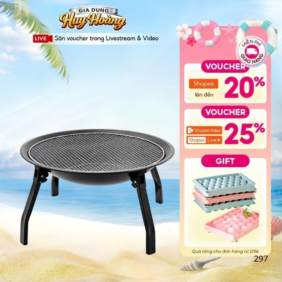 BẾP NƯỚNG BBQ THAN GẤP GỌN – BẾP NƯỚNG DÃ NGOẠI 55×55CM KÈM VỈ VÀ PHỤ KIỆN