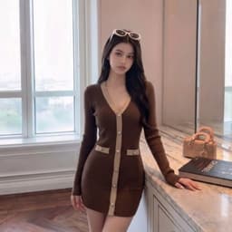 Đầm Tăm Len Gân Ôm Dáng Cổ V Phối Viền Nút Cài Tay Dài Dáng Ngắn Tôn Dáng Thanh Lịch Thu Đông 4