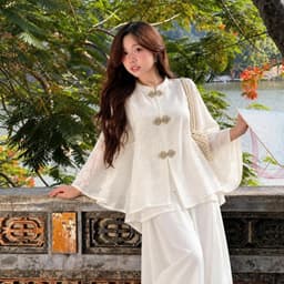 Đồ Lam Đi Chùa Nữ Chất Tơ Thêu Trúc, Áo Hai Lớp Phối Quần Satin Mặc Tết 2