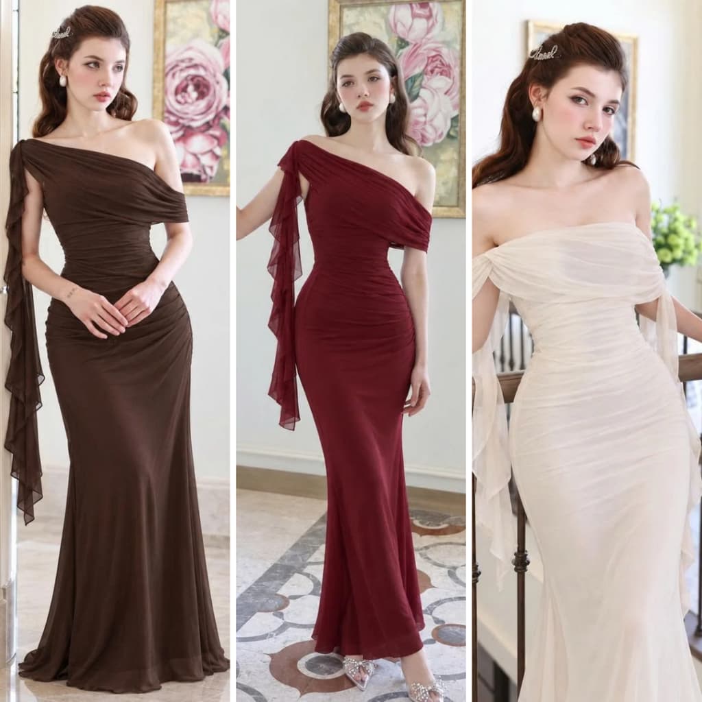 Đầm Dài Dự Tiệc Trễ Vai Nhún Tua Bèo Vai Dáng Ôm Body Thanh Lịch Sang Chảnh Nữ