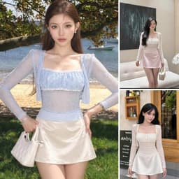 Set Áo Hai Dây “Ren Hoa” Xuyên Thấu Kèm Khoác Cardigan Phối Chân Váy Lụa Ngắn 1
