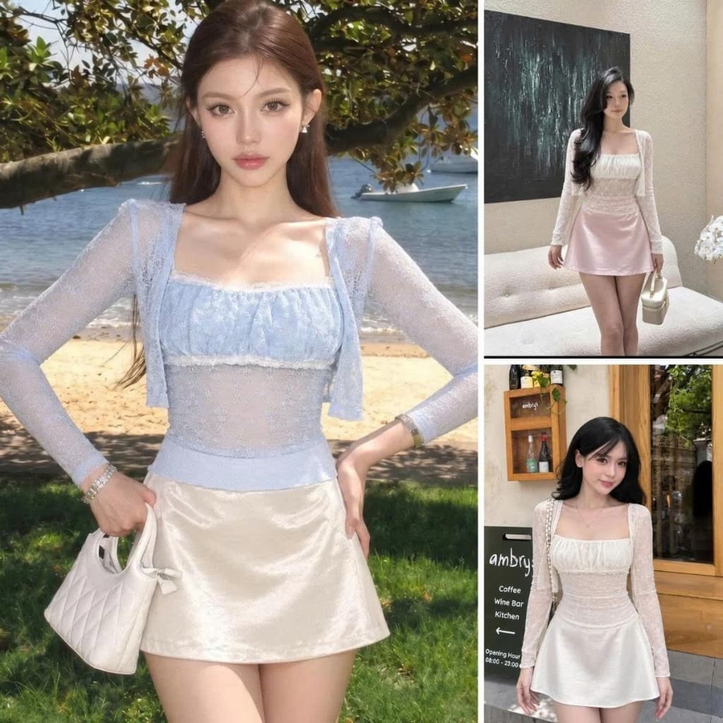 Set Áo Hai Dây “Ren Hoa” Xuyên Thấu Kèm Khoác Cardigan Phối Chân Váy Lụa Ngắn