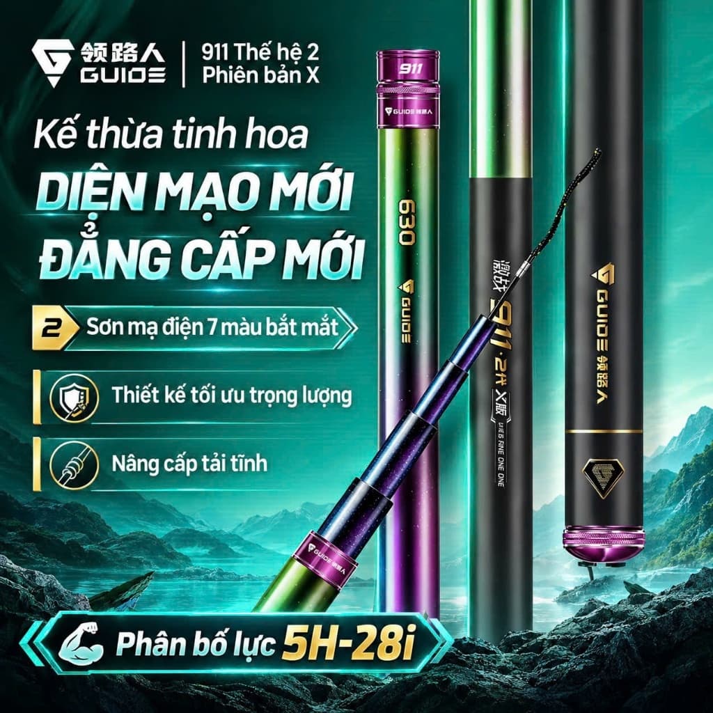 Guide Cần câu đài 911 5H-6H   Thế hệ 2 cần câu carbon siêu nhẹ tải cá 10-15KG