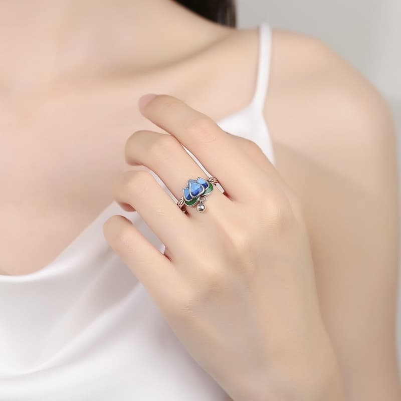 Nhẫn Liên Hoa Sen Lục Lạc Xanh Lam Phong Cách Cổ Trang Gắn Chuông Thanh Nhã Nhẫn Mở Điều Chỉnh Kích Thước Retro