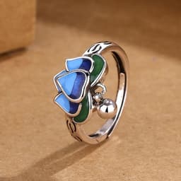 Nhẫn Liên Hoa Sen Lục Lạc Xanh Lam Phong Cách Cổ Trang Gắn Chuông Thanh Nhã Nhẫn Mở Điều Chỉnh Kích Thước Retro 3