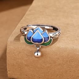 Nhẫn Liên Hoa Sen Lục Lạc Xanh Lam Phong Cách Cổ Trang Gắn Chuông Thanh Nhã Nhẫn Mở Điều Chỉnh Kích Thước Retro 2