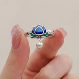 Nhẫn Liên Hoa Sen Lục Lạc Xanh Lam Phong Cách Cổ Trang Gắn Chuông Thanh Nhã Nhẫn Mở Điều Chỉnh Kích Thước Retro 6