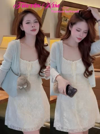 Set đi biển, Set dầm 2s chất Ren dáng ngắn có kèm quần mix khoác chất Đũa Giấy phối viền Ren_QCMK