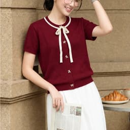 Áo Len Nữ Ngắn Tay Phối Nơ Tiểu Thư, Chất Len Dệt Kim Mềm Mịn Phong Các Trẻ Trung 4