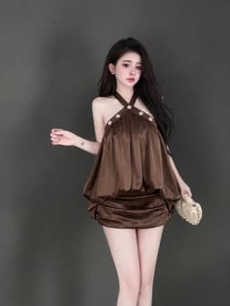 Set váy ngắn, Set áo cổ yếm chất Tuyết Nhung dáng bí kèm phụ kiện phối chân váy dáng mini có lót_QC 3