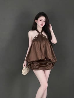 Set váy ngắn, Set áo cổ yếm chất Tuyết Nhung dáng bí kèm phụ kiện phối chân váy dáng mini có lót_QC 4