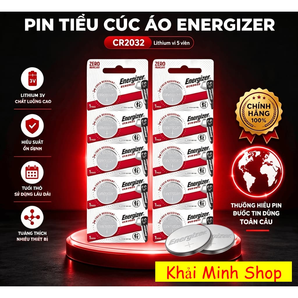 Pin Cúc Áo Energizer CR2032 Lithium 3V – Vỉ 5 Viên – Hàng Chính Hãng