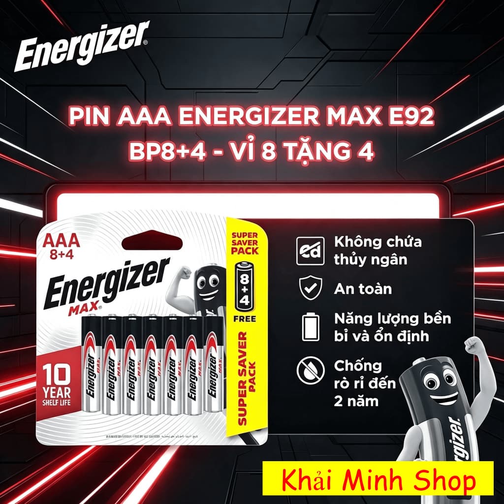Combo 5 Vỉ Pin AAA Energizer E92 BP8+4 – 60 Viên (8 Tặng 4) – Pin 1.5V Chính Hãng
