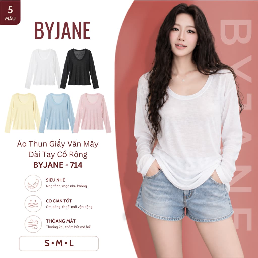 [ MỞ BÁN ] Áo Thun Nữ Dài Tay Form Rộng Chất Thun Giấy Cổ Rộng Siêu Nhẹ Mềm Mịn Co Giãn Tốt BYJANE-714