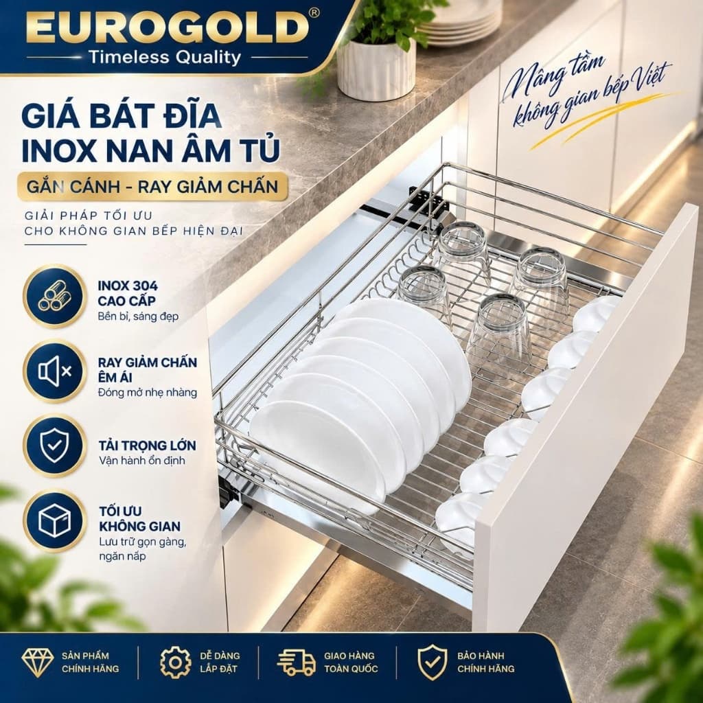 Kệ chén đĩa xoong nồi inox 304 nan tròn Eurogold BẾP CHÂU ÂU