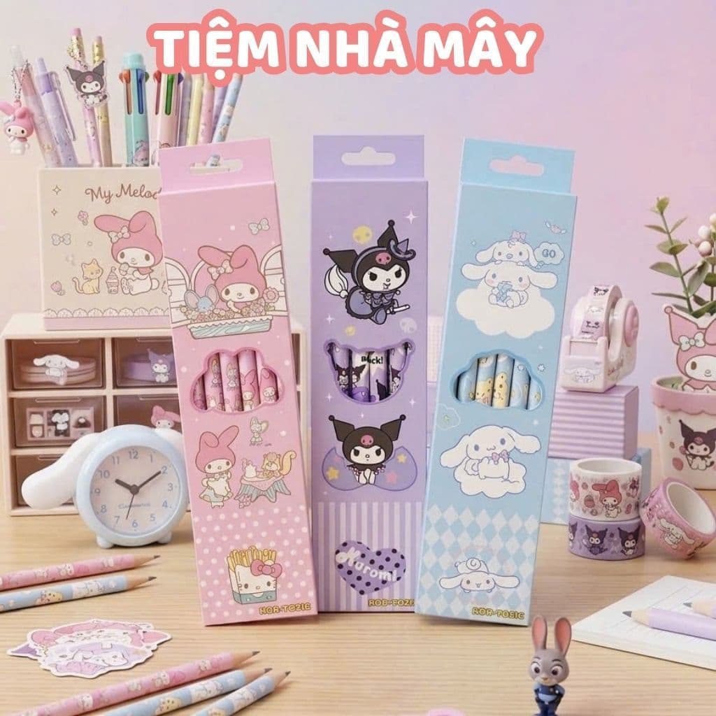 Hộp 12 Cây bút chì in hoạt hình kèm tẩy, chất liệu gỗ, than chì không độc hại, ngòi chì chắc chắn không dễ gãy, an toàn