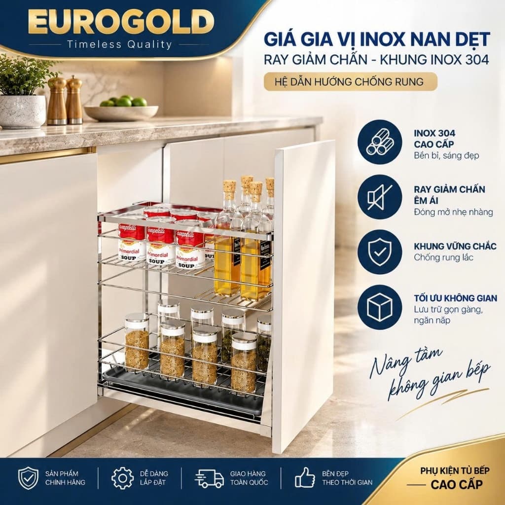 Kệ gia vị inox 304 nan dẹt, ray trượt giảm chấn thông minh Eurogold BẾP CHÂU ÂU