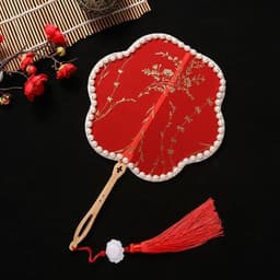 Quạt Cô Dâu, Quạt Cổ Trang Hoa Mai Đỏ Cán Gỗ Kèm Tua Rua Đỏ | Quạt Cầm Tay Phong Cách Trung Hoa Chụp Ảnh, Biểu Diễn 2
