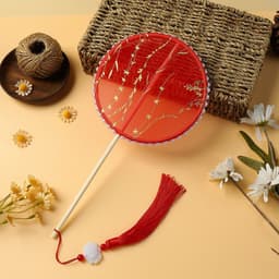 Quạt Cô Dâu, Quạt Cổ Trang Hoa Mai Đỏ Cán Gỗ Kèm Tua Rua Đỏ | Quạt Cầm Tay Phong Cách Trung Hoa Chụp Ảnh, Biểu Diễn 6