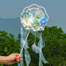 Quạt Cổ Trang Cán Dài Đính Hoa, Quạt Tròn & Cánh Bướm Có Tua Rua Ngọc Trai Phụ Kiện Chụp Ảnh Hán Phục 3