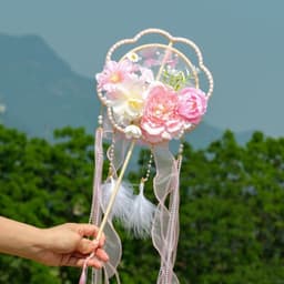 Quạt Cổ Trang Cán Dài Đính Hoa, Quạt Tròn & Cánh Bướm Có Tua Rua Ngọc Trai Phụ Kiện Chụp Ảnh Hán Phục 2