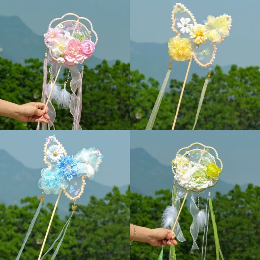 Quạt Cổ Trang Cán Dài Đính Hoa, Quạt Tròn & Cánh Bướm Có Tua Rua Ngọc Trai Phụ Kiện Chụp Ảnh Hán Phục