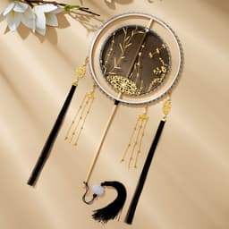 Quạt Tròn Cổ Trang Cán Dài Song Hoàn Đính Ngọc Tua Rua, Quạt Hán Phục Cầm Tay Chụp Ảnh Biểu Diễn, Quạt Cô Dâu 2