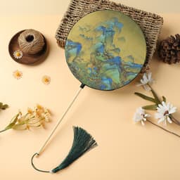 Quạt Tròn Cổ Trang Cán Dài Họa Tiết Sơn Thủy, Quạt Hán Phục Tua Rua Phụ Kiện Chụp Ảnh Biểu Diễn 1