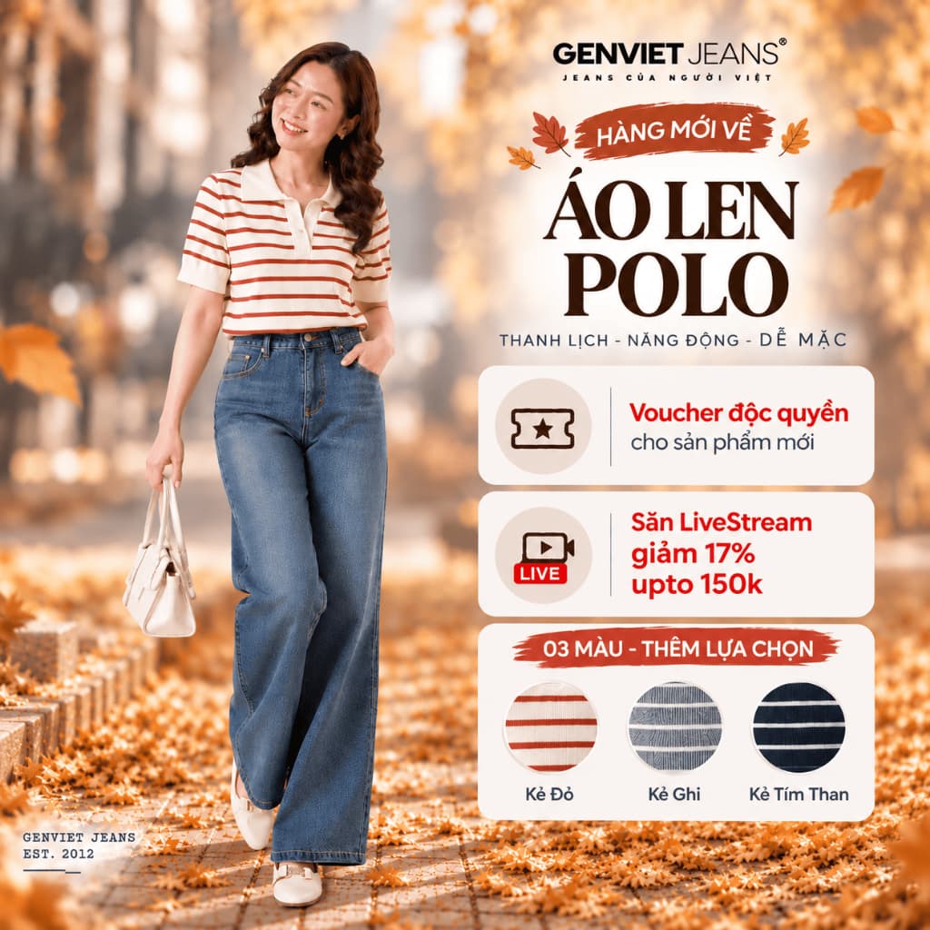 9286 - Áo len mùa thu GenViet Jeans thời trang dáng polo  chất mềm mịn, khó xù, giữ phom tôn dáng