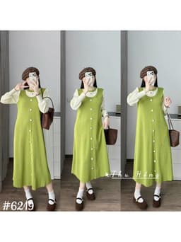 <Đầm bầu Quynhanhhouse> #6219 Váy pha tay be khuy trắng Free sz đen/xanh Bầu bí bao xinh 2