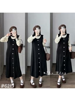 <Đầm bầu Quynhanhhouse> #6219 Váy pha tay be khuy trắng Free sz đen/xanh Bầu bí bao xinh 3