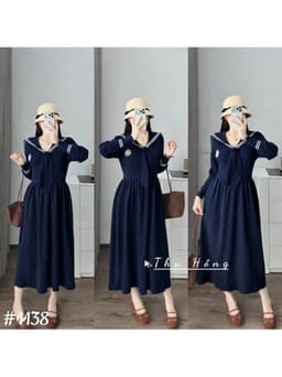 <Đầm bầu Quynhanhhouse> #1138 Váy thuỷ thủ huy hiệu Free sz ghi/đen/than Bầu bí bao xinh 3