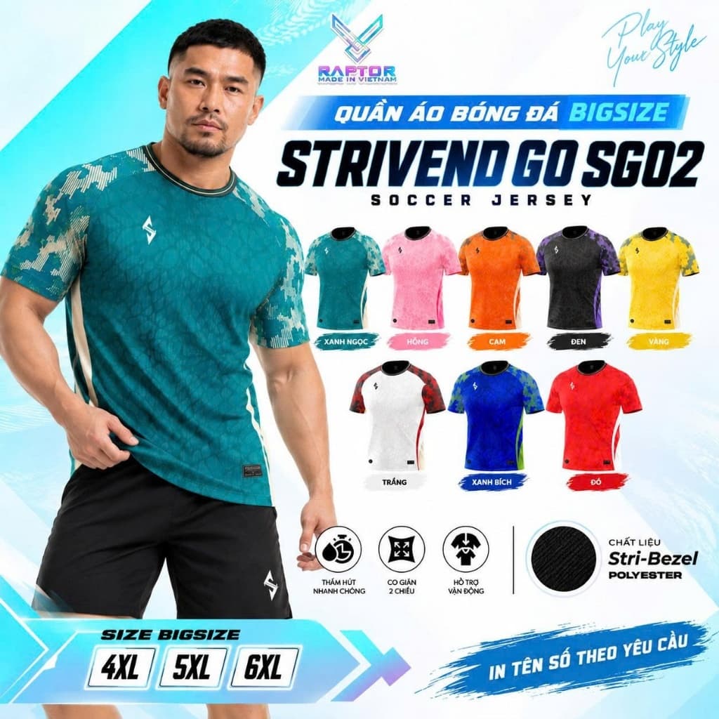 [STRIVEND GO SG02] Bộ Quần Áo Bóng Đá Nam Nữ Người Lớn Bigsize | Size S–6XL, 10–150KG | Thoáng Mát Co Giãn