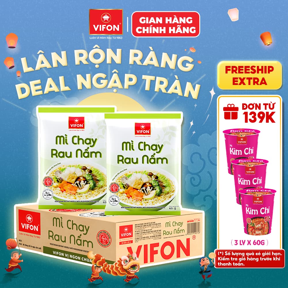 [VOUCHER HOT 10%] Thùng 30 Gói Mì Chay Rau Nấm VIFON 65g Vị Ngon Thanh Nhẹ Không Phẩm Màu Tổng Hợp