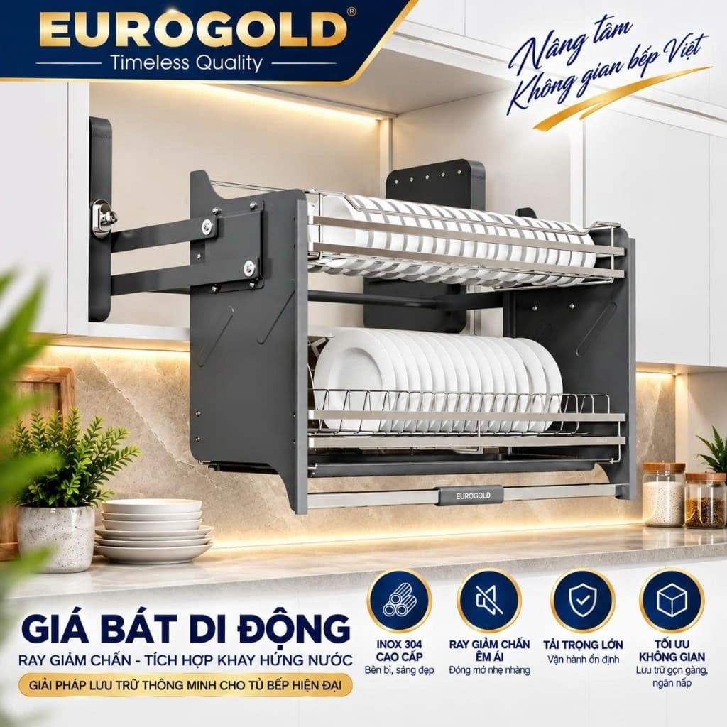 Kệ chén bát nâng hạ Inox 304 Eurogold EUT9190, EUT9180, EUT9170, EUT9160 BẾP CHÂU ÂU